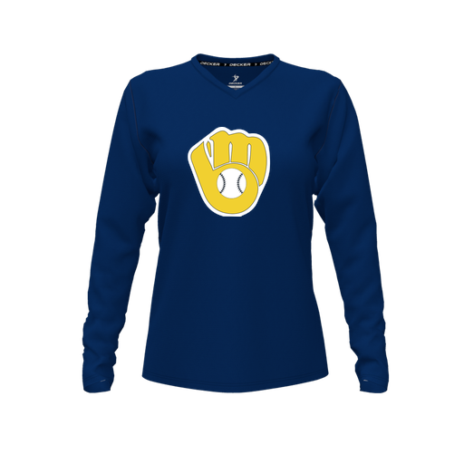 [CUS-DFW-TEES-CMF-VNK-LSL-NVY-FYXS-LOGO1] Decker Comfort T-Shirt (Female Youth XS, Navy, V Neck, Logo 1, Long Sleeve)