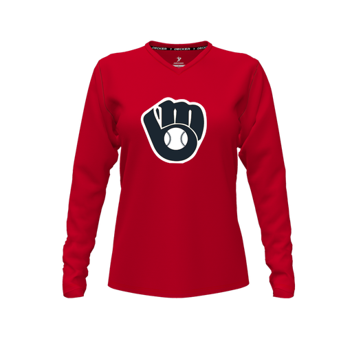 [CUS-DFW-TEES-PER-VNK-LSL-RED-FYXS-LOGO2] Decker Performance T-Shirt (Female Youth XS, Red, V Neck, Logo 2, Long Sleeve)